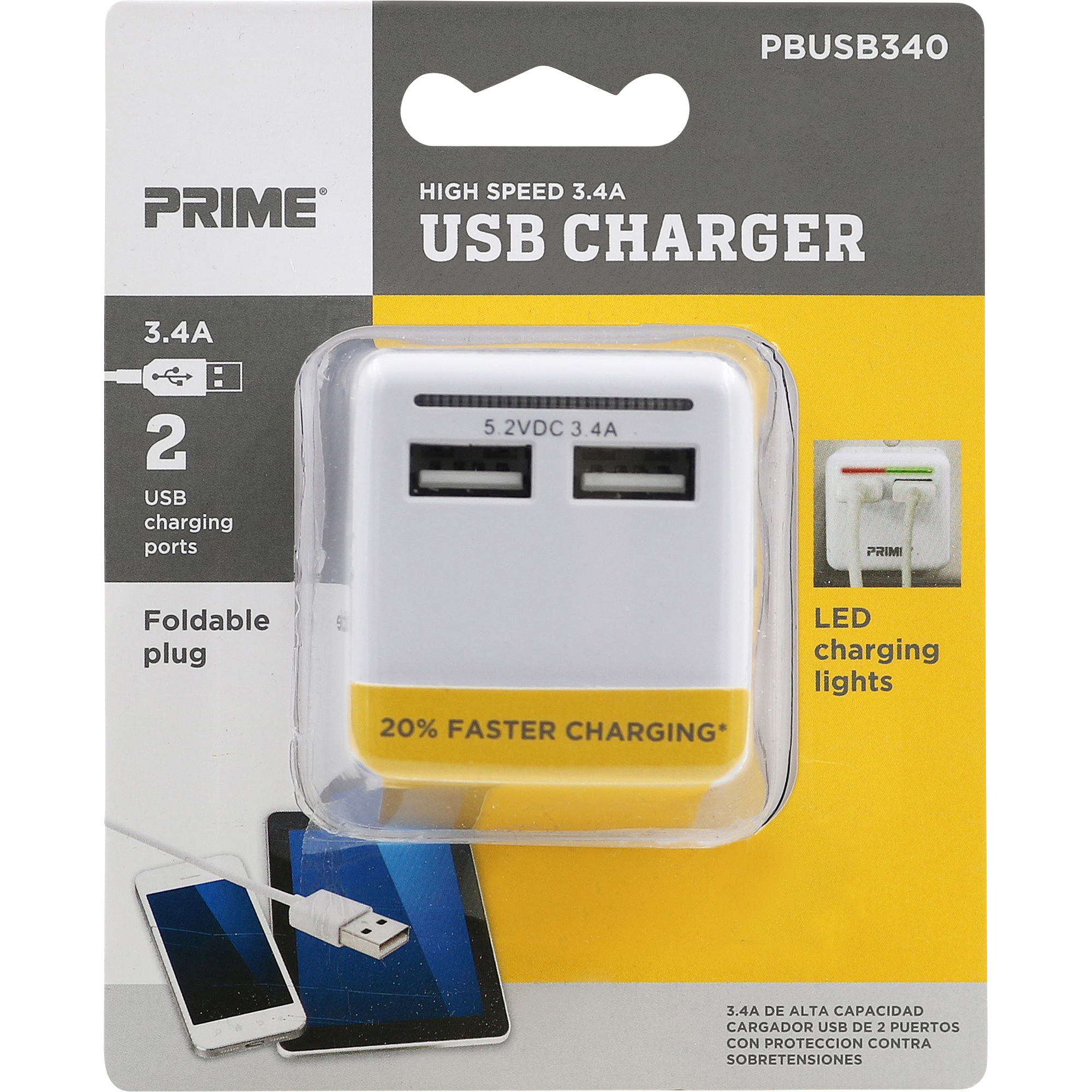 Prime Wire & Cable High-Speed USB Charger, 3.4 Amps, 2 USB Ports, Folding Plug, Model# PBUSB340